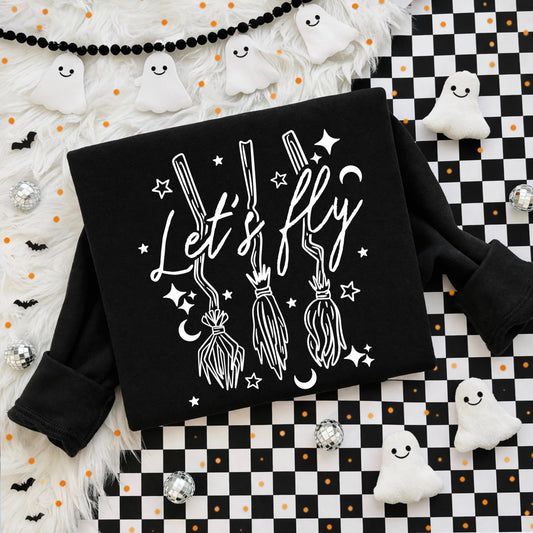 Let's Fly Halloween Sweatshirt | Witch Broom Crewneck | Minimalist Halloween Pullover | Cute Witchy Fall Sweatshirt | Spooky Season Graphic Crewneck | Cozy October Sweatshirt | Halloween Gift for Women 🧹🖤✨🎃