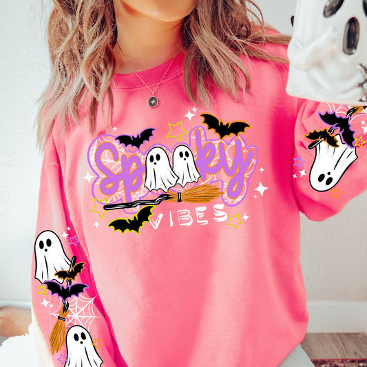 Spooky Vibes Halloween Sweatshirt | Ghost & Broom Crewneck | Cute Ghost Halloween Pullover | Bat Sleeve Sweatshirt | Spooky Season Crewneck | Cozy Fall Halloween Sweatshirt | Ghost Lover Gift 👻🦇🧹🕸️🎃✨