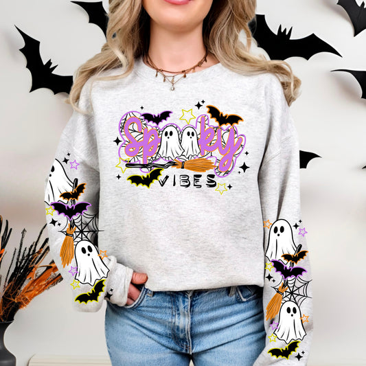 Spooky Vibes Halloween Sweatshirt | Ghost & Broom Crewneck | Cute Ghost Halloween Pullover | Bat Sleeve Sweatshirt | Spooky Season Crewneck | Cozy Fall Halloween Sweatshirt | Ghost Lover Gift 👻🦇🧹🕸️🎃✨