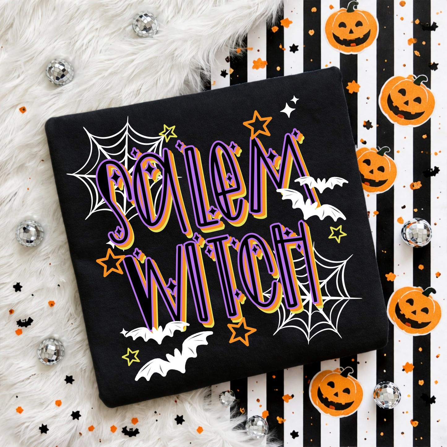 Retro Spooky Season Witch Shirt with Bats & Spider Webs