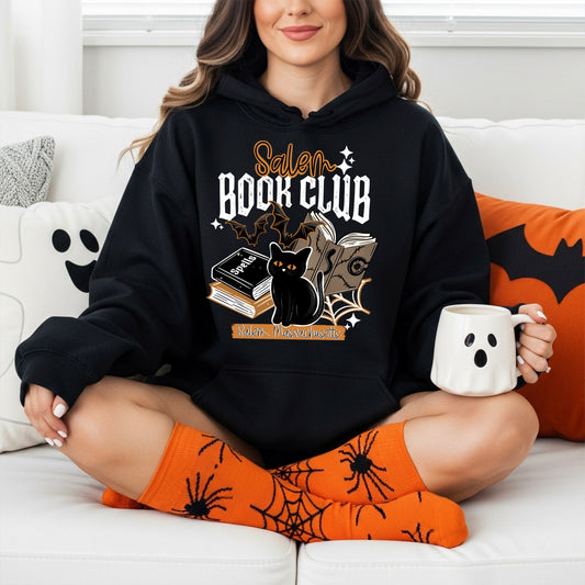 Salem Book Club Hoodie | Black Cat Halloween Hoodie | Witchy Book Lover Sweatshirt | Spooky Reading Hoodie | Salem Massachusetts Pullover | Cozy Fall Bookish Gift 📚🐈‍⬛🦇