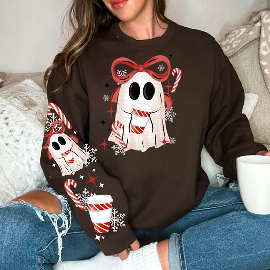 👻✨ Peppermint Ghost Christmas Crewneck with Sleeves 🎀🍬❄️