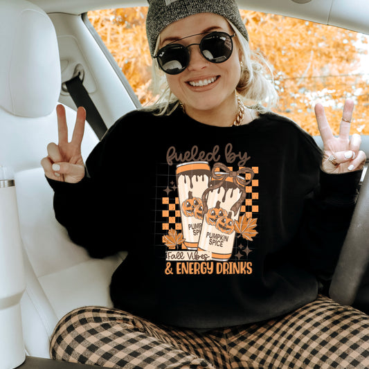 Fueled by Pumpkin Spice & Energy Drinks Sweatshirt – Fall Vibes Graphic