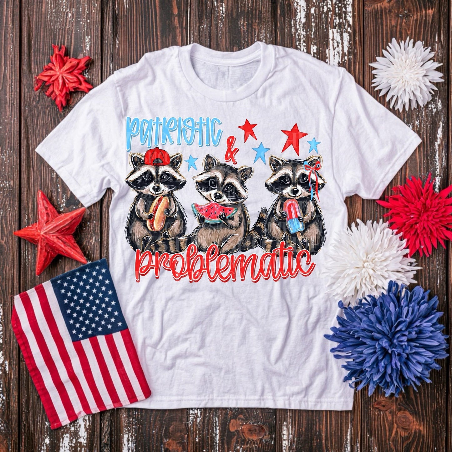 🦝 Patriotic & Problematic Raccoon Shirt | Funny 4th of July Graphic Tee | Retro America Summer Shirt | Red White Blue Cute Raccoon Tee 🇺🇸✨