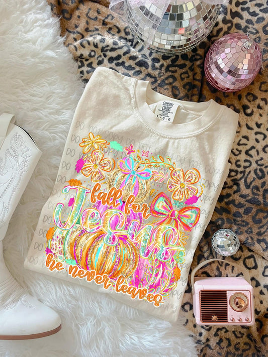Fall For Jesus He Never Leaves Shirt | Christian Fall Pumpkin Graphic Tee | Autumn Faith Shirt