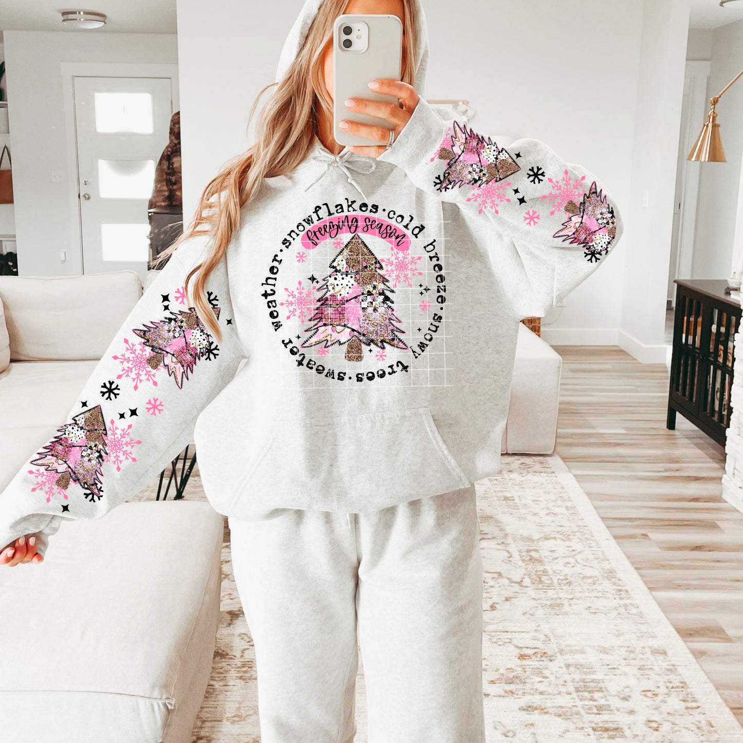 ❄️ Pink Winter Trees Hoodie With Cute Sleeves 🎀✨