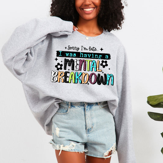 🌈 Sorry I’m Late — I Was Having a Mental Breakdown Sweatshirt ✨ Funny Graphic Cozy Unisex Pullover
