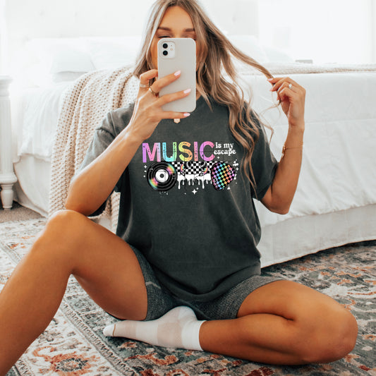 🎶 Music Is My Escape Tee — Retro Aesthetic Checkered Drip T-Shirt ✨