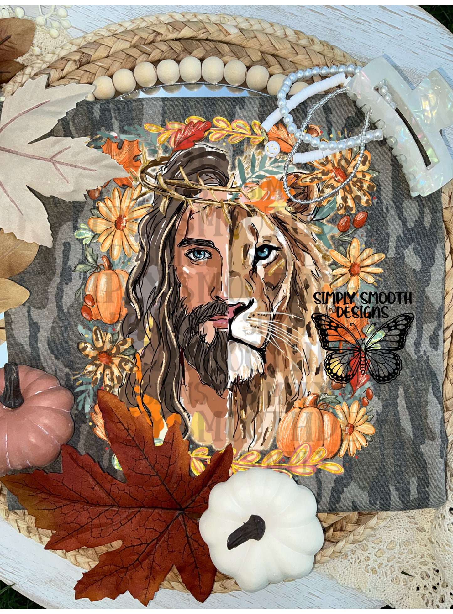Jesus & Lion Fall Christian Graphic T-Shirt | Faith Autumn Pumpkin Floral Leopard Tee | Inspirational Christian Shirt
