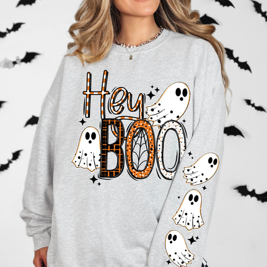 Hey Boo Halloween Sweatshirt | Cute Ghost Crewneck | Spooky Season Pullover | Ghost Halloween Sweatshirt | Fall Graphic Crewneck | Cozy October Sweatshirt | Halloween Gift for Women 👻🧡🎃