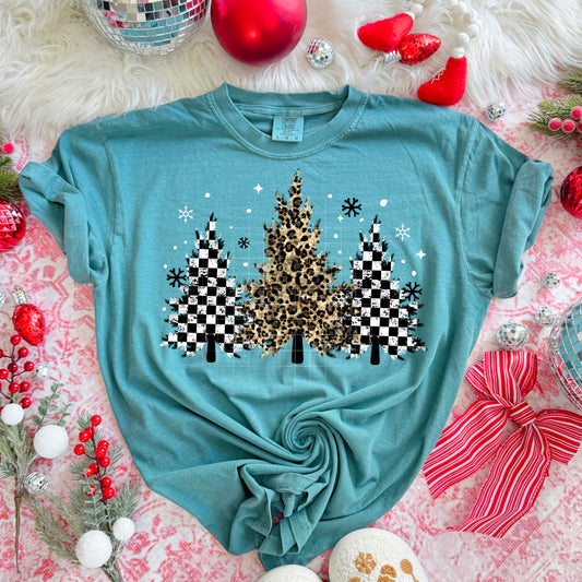 🎄✨ Checkered & Leopard Christmas Trees Tee 🎁❄️