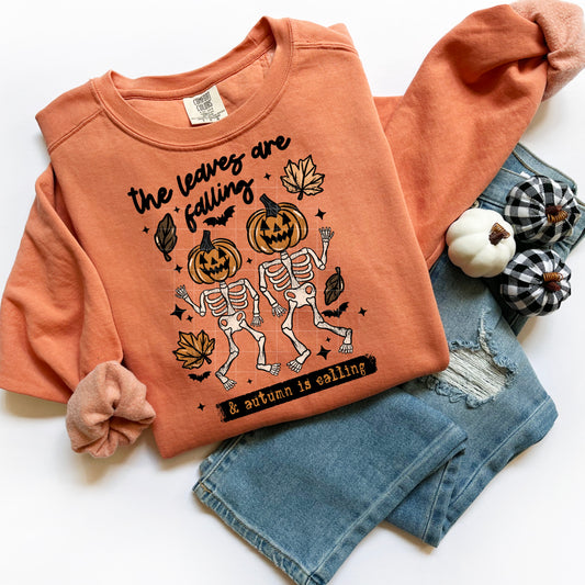 The Leaves Are Falling & Autumn Is Calling Sweatshirt – Pumpkin Skeleton Fall Graphic