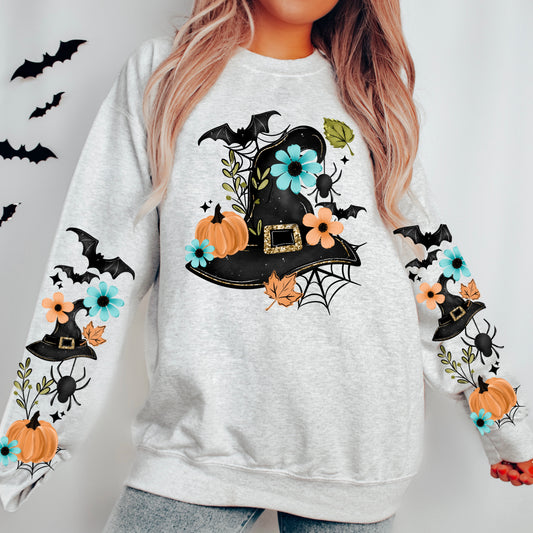 Floral Witch Hat Halloween Sweatshirt | Cute Witchy Fall Crewneck | Pumpkin & Bat Sleeve Sweatshirt | Cozy Halloween Pullover | Spooky Season Sweatshirt | Witch Hat Graphic Crewneck | Autumn Halloween Gift 🧙‍♀️🎃🦇🌼
