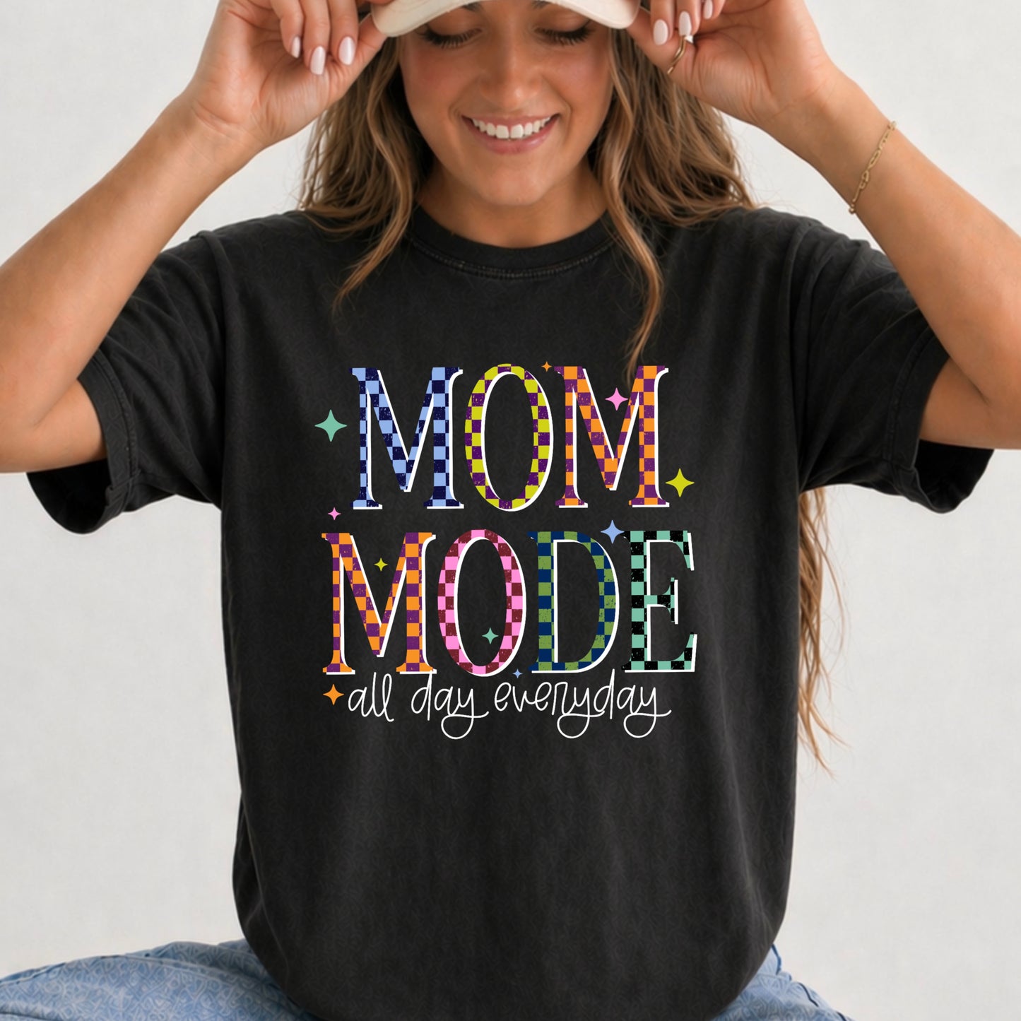 Mom Mode All Day Everyday Shirt | Trendy Mom Graphic Tee | Colorful Checkered Mama Shirt | Cute Mother's Day Gift | Soft Unisex T-Shirt