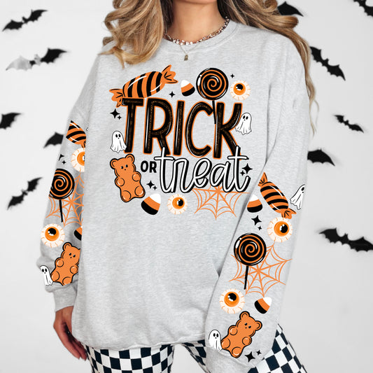 🍬 Trick or Treat Halloween Sweatshirt | Candy Sleeve Graphic Crewneck | Cute Spooky Fall Pullover | Ghost & Candy Halloween Sweater
