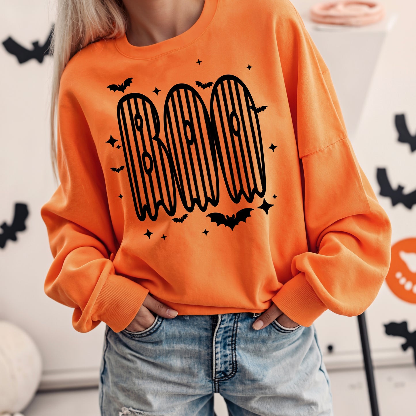 Striped Ghost BOO Halloween Crewneck