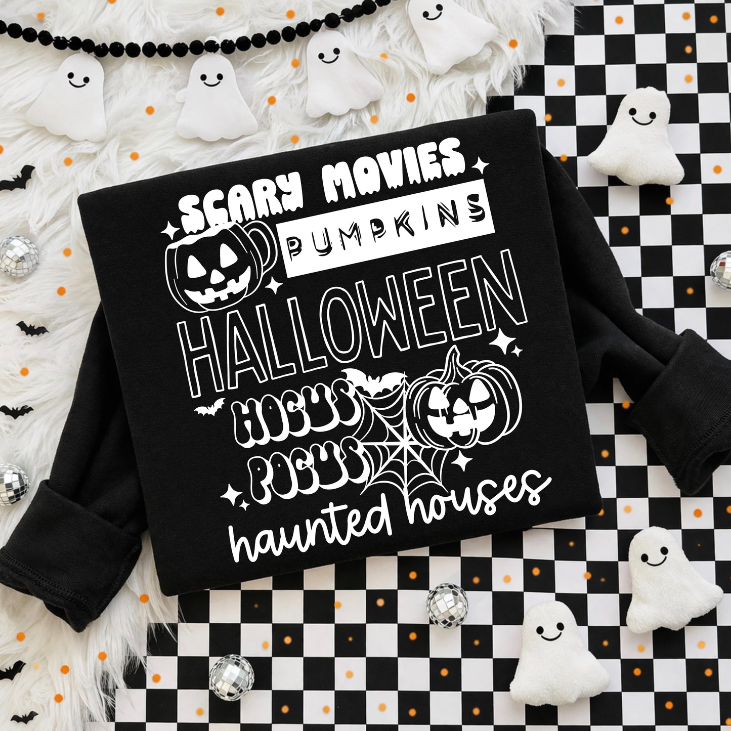 Scary Movies Pumpkins Hocus Pocus Haunted Houses Halloween Crewneck Sweatshirt 🎃👻🕸️
