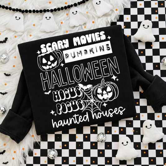 Scary Movies Pumpkins Hocus Pocus Haunted Houses Halloween Crewneck Sweatshirt 🎃👻🕸️