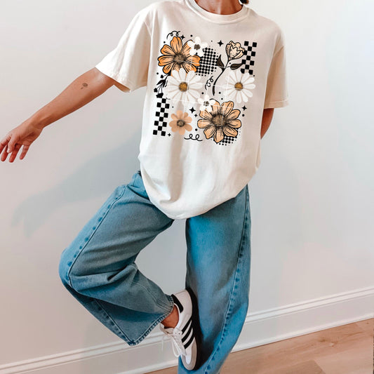 Flowers and Checkered Graphic T-Shirt
