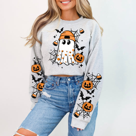 Cute Halloween Ghost Pumpkin Sleeve Print Crewneck Sweatshirt 👻🎃🕸️
