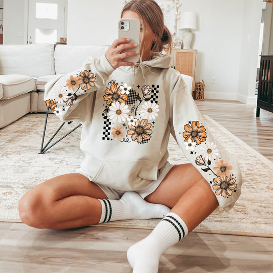 Flowers and Checkered Accents Graphic Hoodie