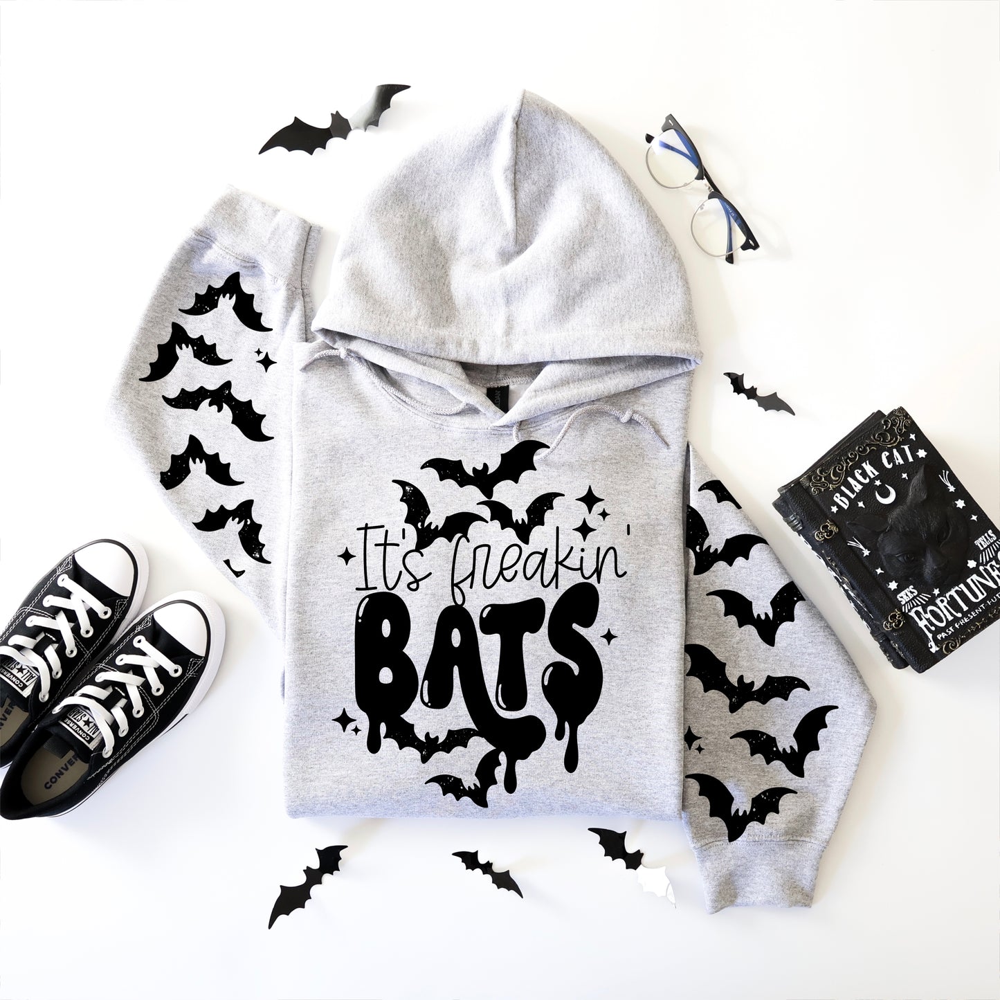 It's Freakin' Bats Hoodie | Halloween Bat Sleeve Hoodie | Spooky Season Graphic Hoodie | Cute Gothic Fall Sweatshirt | Halloween Hoodie 🦇🎃