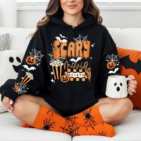 Scary Movie Season Hoodie | Halloween Movie Night Sweatshirt | Pumpkin & Popcorn Graphic Hoodie | Spooky Season Pullover | Fall Halloween Hoodie 🎃🍿🕸️