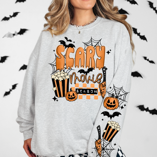 🎬 Scary Movie Season Halloween Sweatshirt | Pumpkin Popcorn Graphic Crewneck | Spooky Movie Night Pullover | Fall Halloween Sweater