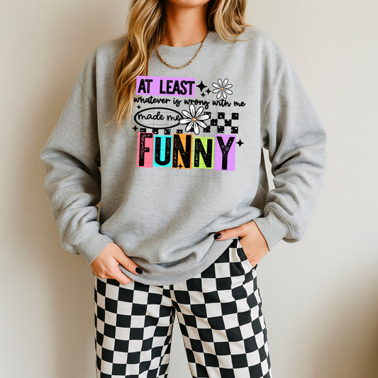 😂🌼 At Least I’m Funny Retro Sweatshirt ✨ Colorful Checkered Graphic Pullover