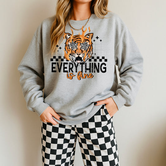 🔥🐅 “Everything Is Fine” Tiger Sweatshirt ✨ Retro Checkered Graphic Crewneck