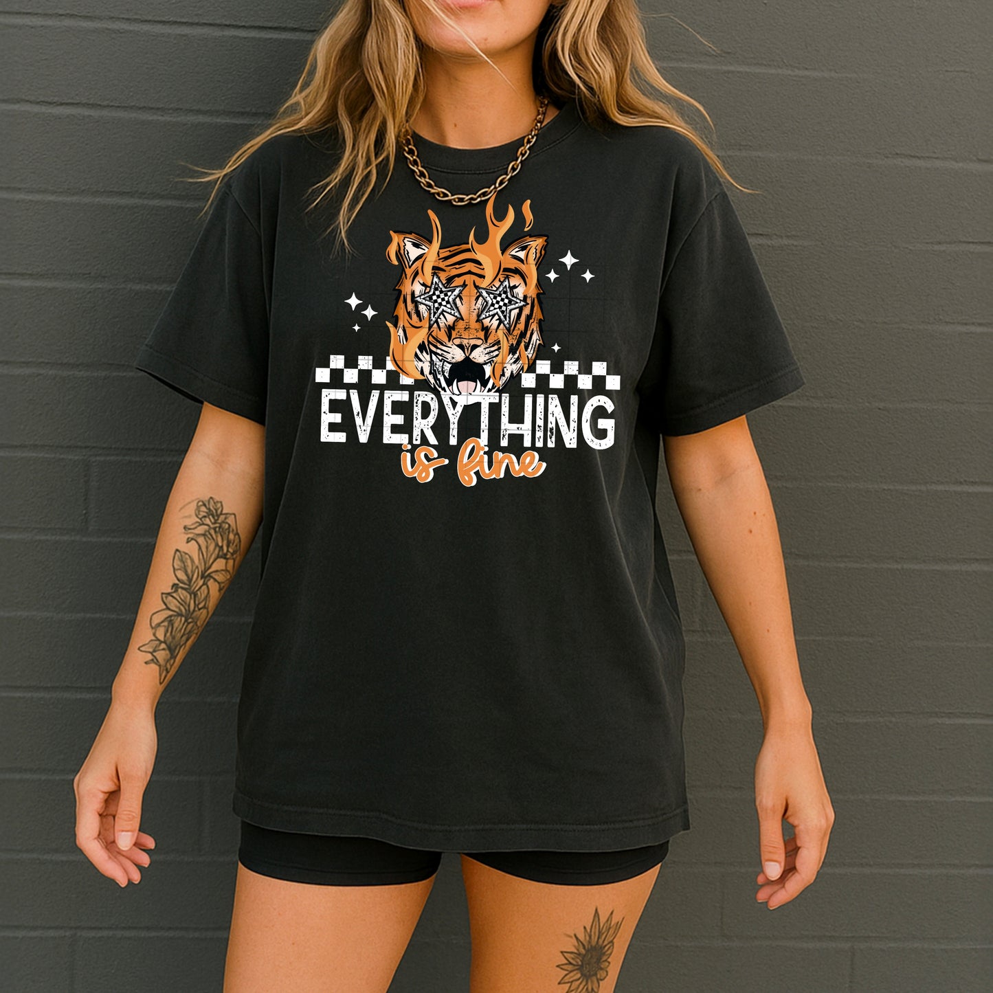 🔥🐅 “Everything Is Fine” Tiger Graphic Tee ✨ Retro Checkered Aesthetic