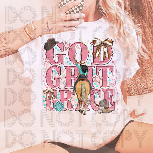 God, Grit & Grace Horse Graphic T-Shirt | Dark-Haired Cowgirl Faith Tee | Western Christian Unisex Shirt | Inspirational Country Apparel