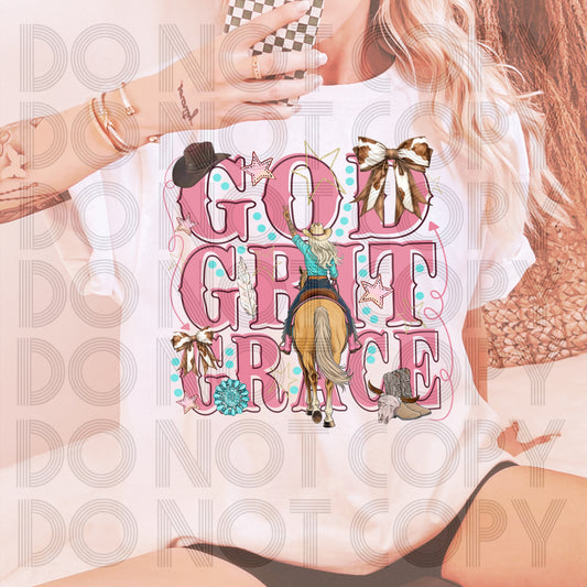 God, Grit & Grace Horse Graphic T-Shirt | Blonde Cowgirl Faith Tee | Western Christian Unisex Shirt | Inspirational Country Apparel