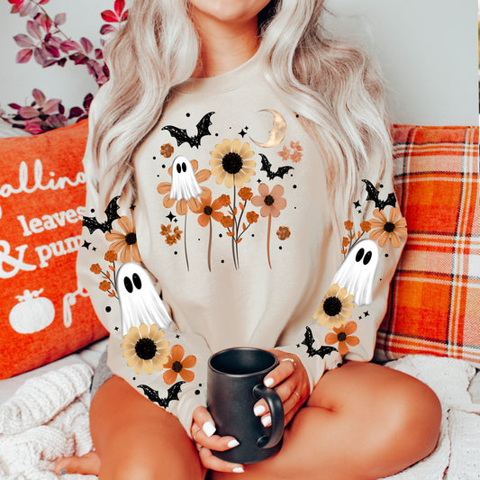 Boho Floral Ghost Halloween Sleeve Print Crewneck Sweatshirt 👻🌼🦇🌙
