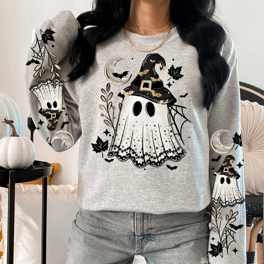 Spooky Ghost Witch Sweatshirt | Vintage Lace Ghost & Moon Halloween Crewneck