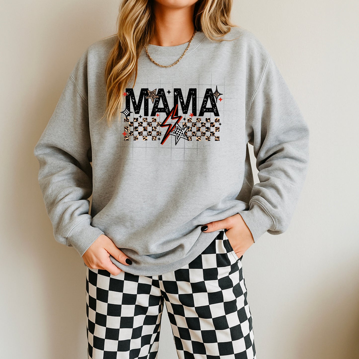 MAMA Lightning Bolt Sweatshirt ⚡🐆🖤 Trendy Checkered Retro Mom Crewneck