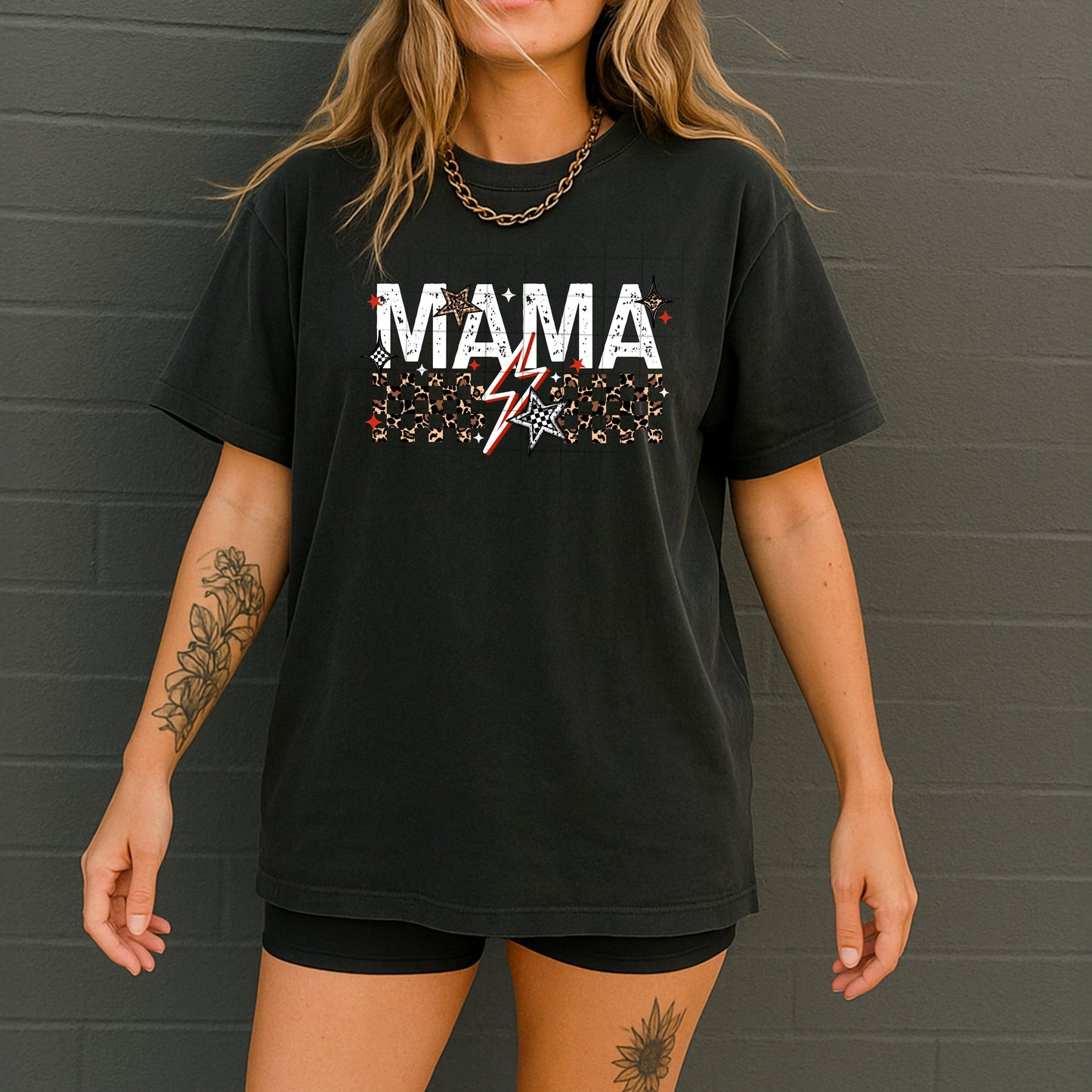 MAMA Lightning Bolt Tee ⚡🖤🐆 Retro Checkered Mom Shirt