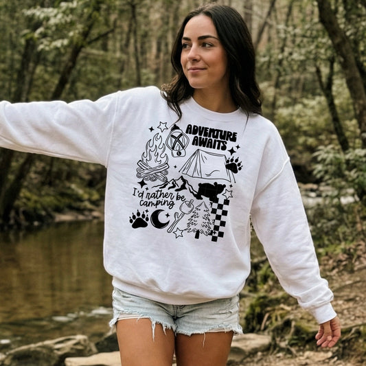 Adventure Awaits Camping Sweatshirt | I'd Rather Be Camping Crewneck | Outdoor Adventure Graphic Sweatshirt | Campfire Camping Pullover | Hiking Lover Gift | Cozy Camper Sweatshirt 🏕️🔥🌲