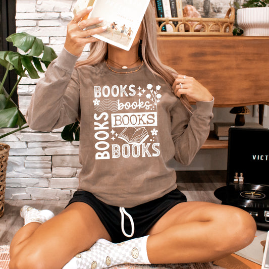 Books Books Books Shirt | Book Lover Graphic Tee | Retro Reader Shirt | Bibliophile Long Sleeve | Cozy Reading Shirt | Gift for Book Lovers | Bookworm Apparel 📚🤎✨
