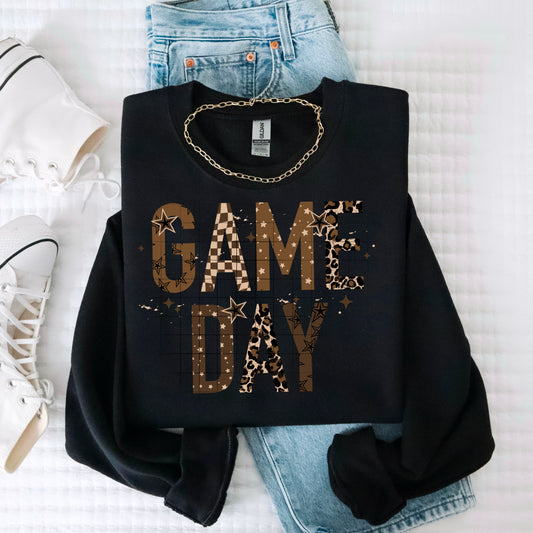 Game Day Sweatshirt ⭐ Brown & Leopard Print Letters • Trendy Football Season Crewneck