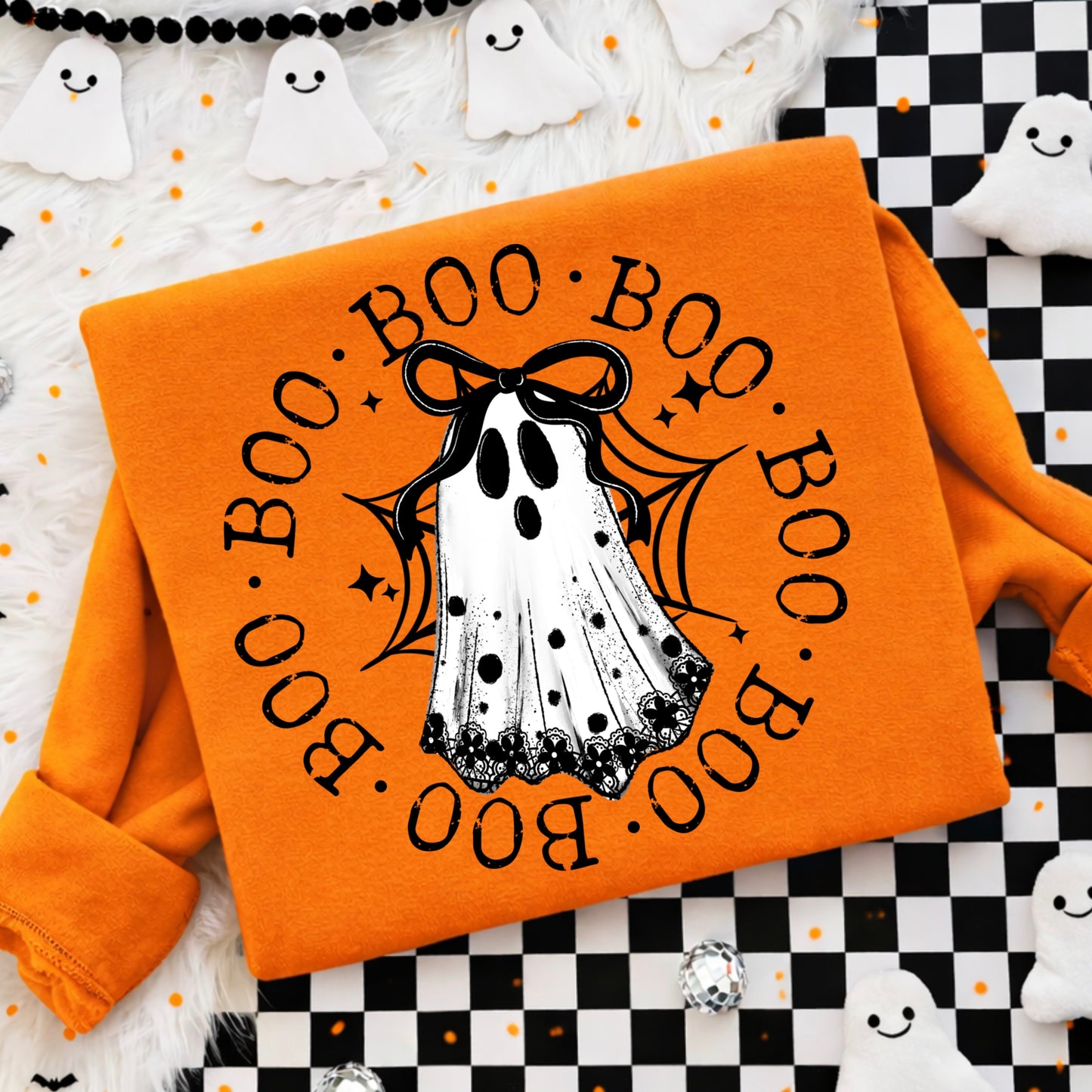 Boo Ghost Halloween Sweatshirt | Coquette Bow Ghost Spooky Season Crewneck | Cute Retro Halloween Pullover