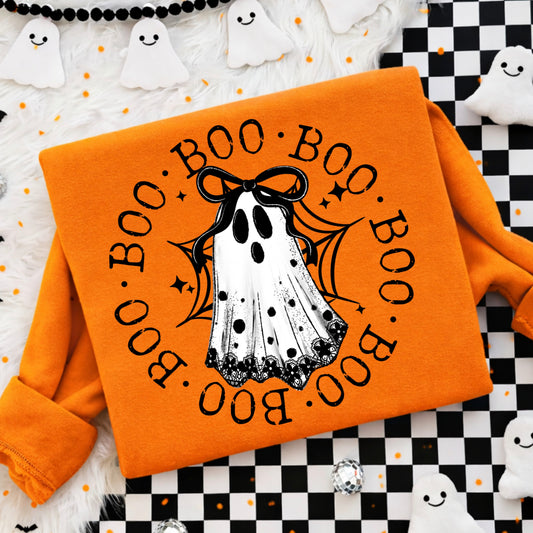 Boo Ghost Halloween Sweatshirt | Coquette Bow Ghost Spooky Season Crewneck | Cute Retro Halloween Pullover