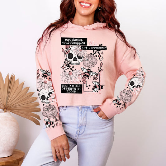 Our Stories and Struggles Are Different Hoodie – Floral Skull Bee Graphic