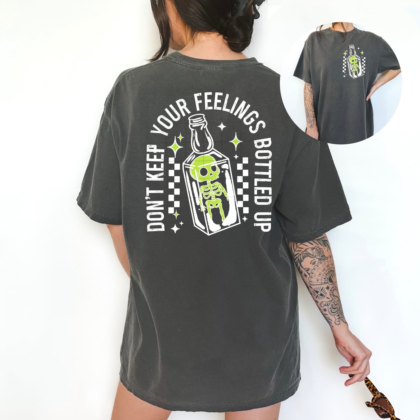 Don't Keep Your Feelings Bottled Up Skeleton Graphic Tee | Halloween Comfort Colors Shirt | Spooky Pocket & Back Print Tee | Skeleton Bottle Shirt | Funny Gothic Graphic Tee 💀🧪🖤