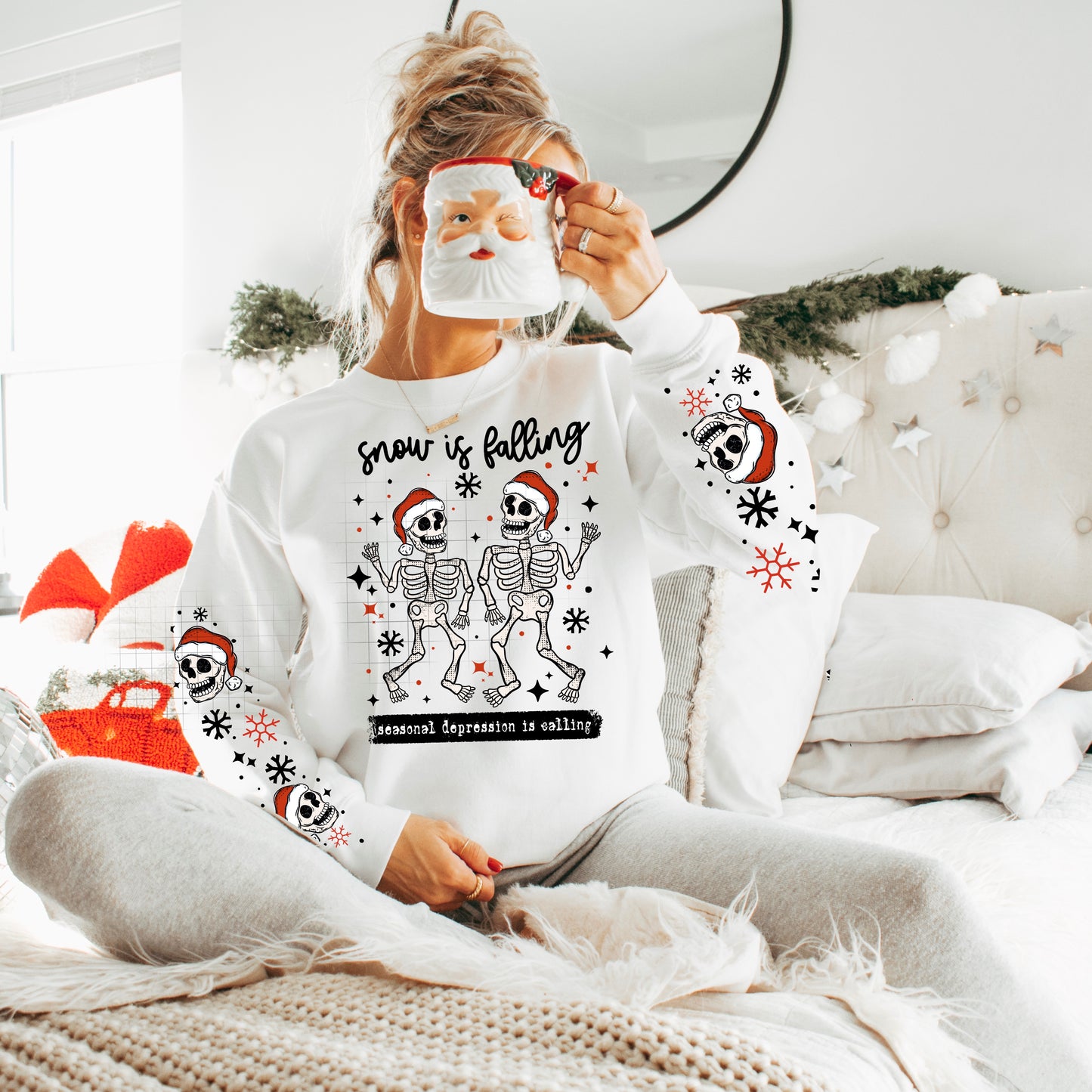 Snow Is Falling ❄️💀✨ Seasonal Depression Is Calling Skeleton Christmas Sweatshirt with Sleeves