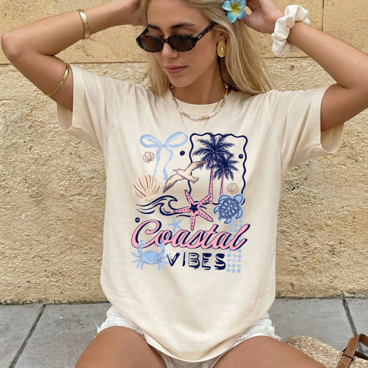 Coastal Vibes Beach Graphic T-Shirt | Summer Seashell Palm Tree Tee | Cute Coastal Vacation Shirt