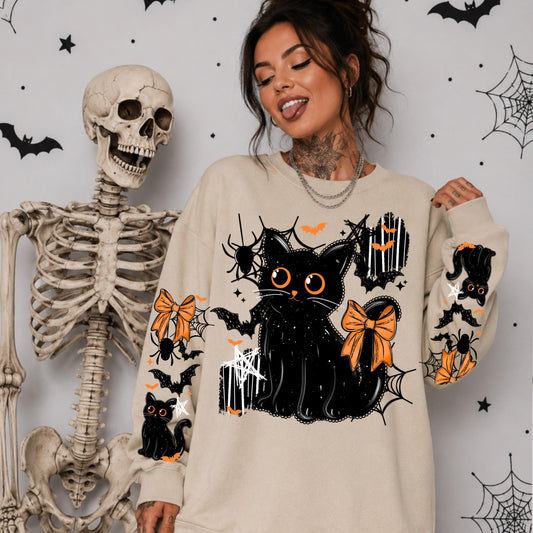 Spooky Black Cat Bows & Bats Halloween Crewneck Sweatshirt 🐈‍⬛🎀🦇🕸️