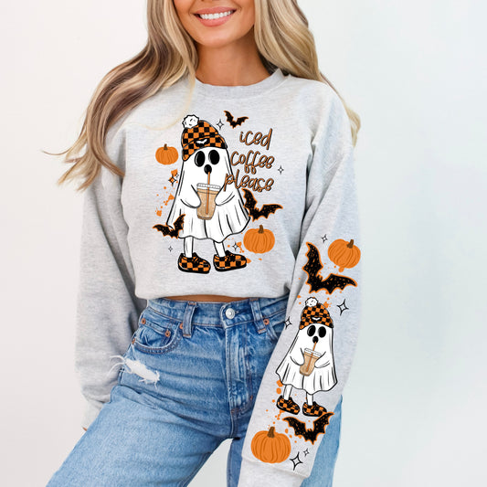 Iced Coffee Please Ghost Halloween Crewneck Sweatshirt 👻☕🎃