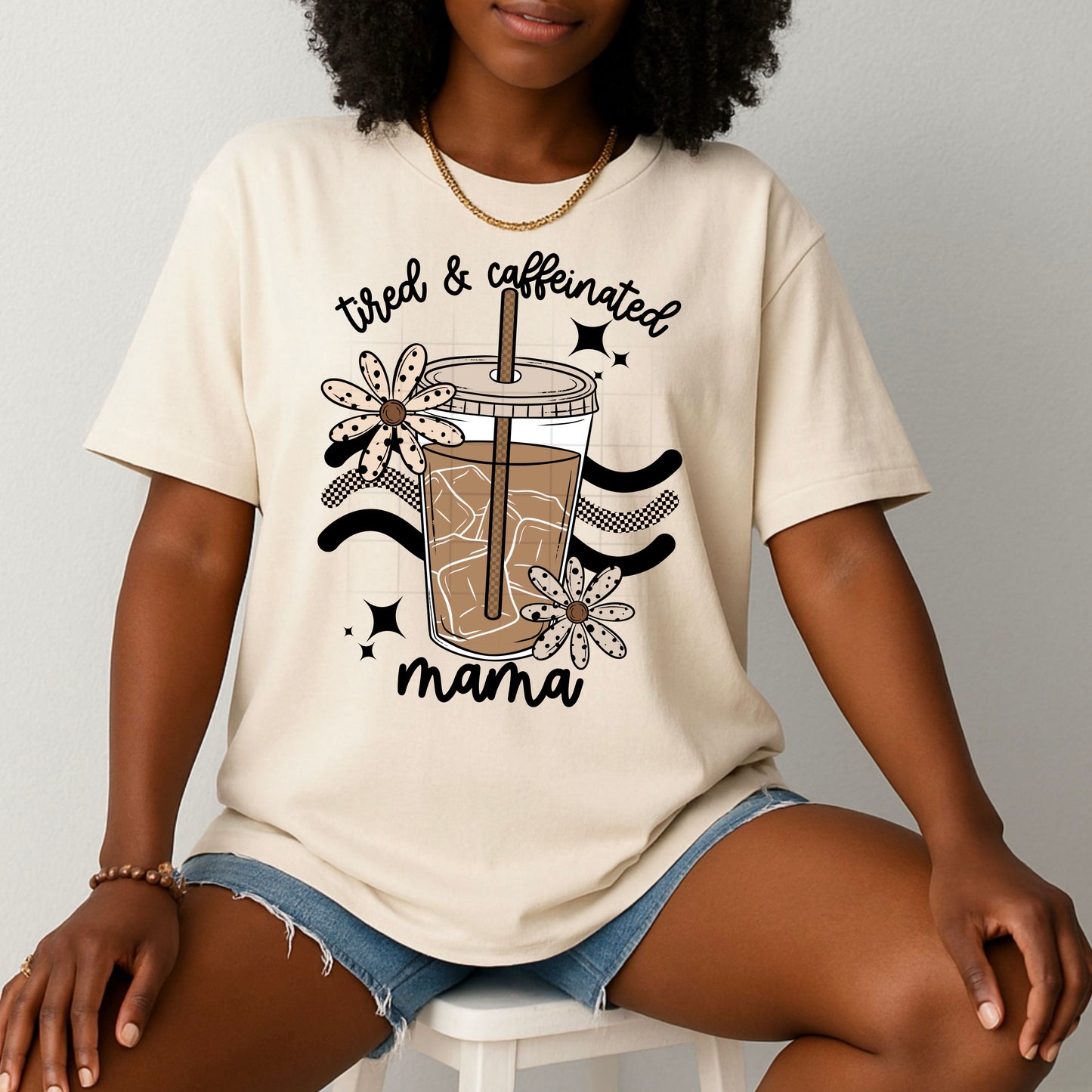 Tired & Caffeinated Mama Graphic Tee | Coffee Mom Shirt