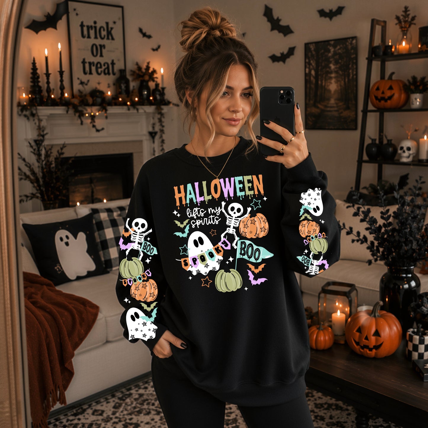 Halloween Lifts My Spirits Spooky Ghost & Skeleton Crewneck Sweatshirt 👻🎃💀